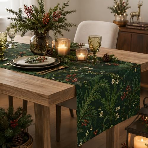 Christmas Party Decorations - Evergreen Holly Berry Xmas Table Runner