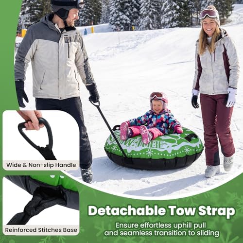 Goplus Inflatable Snow Tube, 42" Heavy-Duty Snow Sledding Tube with Detachable Tow Strap, Thickened Bottom, 3-in-1 Valve, Handles, Winter Outdoor Fun Toy for Kids & Adults, Christmas Birthday