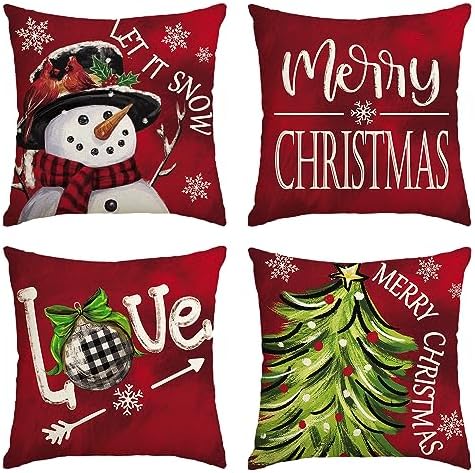 AVOIN colorlife Merry Christmas Let It Snow Love Snowman Red Throw Pillow Covers, 18 x 18 Inch Xmas Tree Holiday Cushion Case Decoration for Sofa Couch Set of 4