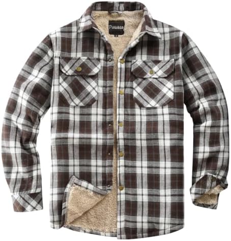 Men's Sherpa Cotton Flannel Shirt Jacket Plaid Button Coat Pocket