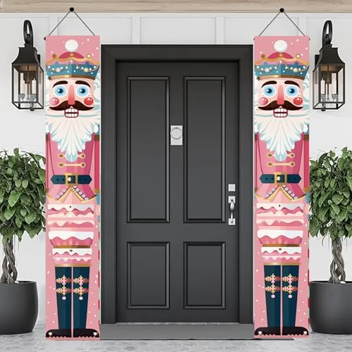 2PCS Christmas Nutcracker Porch Banner Decorations 71 x 12 Inch Pink Nutcracker Soldier Hanging Sign Vertical Holiday Wall Decor for Indoor Fireplace Doorway Winter Party Setup