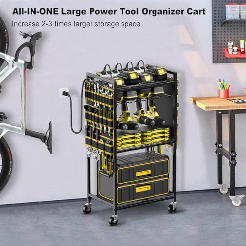 JUNNUJ Power Tool Organizer Cart with Charging Station, 6 FT Cord, Yellow