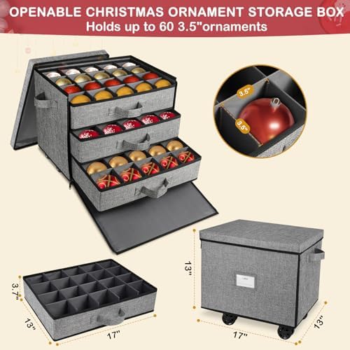 Lukeline Christmas Ornament Storage Box with Wheels, Stackable Christmas Ornament Organizer with 3 Drawer Trays, Openable Ornament Organizer for Storing Decorations, Portable Christmas Ball Box
