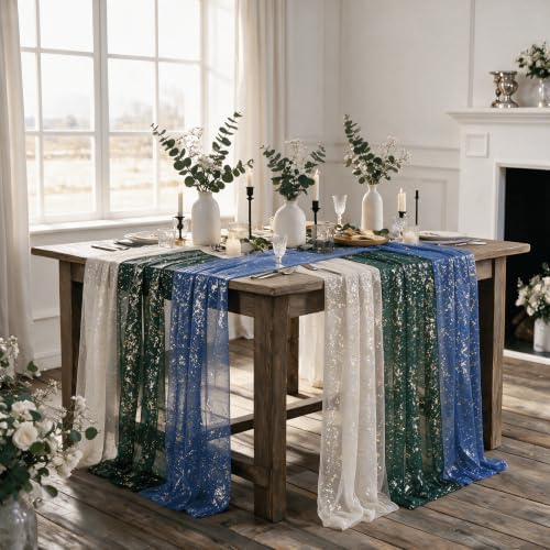 Artoid Mode 3PC Beige Green Blue Gauze Table Runner 120 Inch 10FT, Glitter Metallic Foil Sheer for Wedding Anniversary Holiday Birthday Home Party Decor