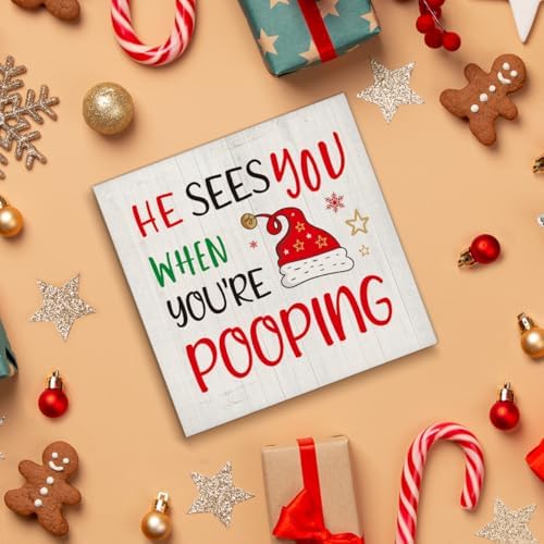 Christmas Bathroom Decorations, Funny Christmas Wood Sign Decor 5x5 Inches