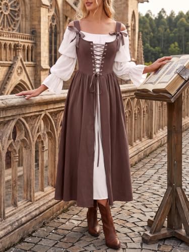 Wenrine Renaissance Costume Womens Lace Up Corset Halloween Medieval Dress