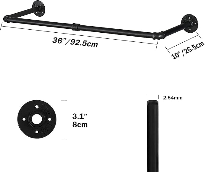 Oroonoko 2PCS 36inch Industrial Pipe Clothes Rack Wall Mount For Hanging Rod Bar for Laundry Room Plant Hanger Indoor Up to Max Load 132lbs Black (36 inch(2 Packs))