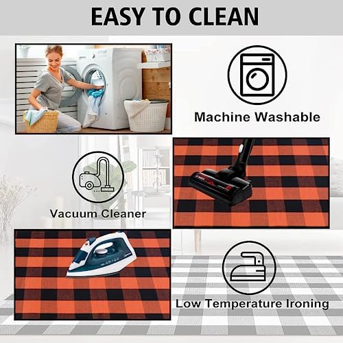 Orange and Black Plaid Rug, 3' x 5' Fall Outdoor Front Door Decor Mat, Cotton Washable Hand-Woven Rug for Layered Doormat, Autumn Halloween Thanksgiving Carpet for Porch, Entryway