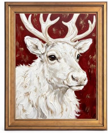 Framed Canvas Wall Art Painterly Reindeer Portrait Red and White with Gold Highlights Canvas Print Poster Gold Frame Wall Decor for Living Room Bedroom Holiday Decor, Winter Art - Inch 16x20