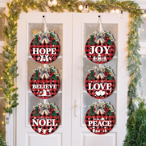Nativity Christmas Signs, Christian Door Hanging Decor, Buffalo Plaid, 6-Pc