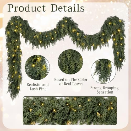 9FT Christmas Cedar Garland with Lights Prelit Pine Garland Christmas Decor (10, Green, 9FT)
