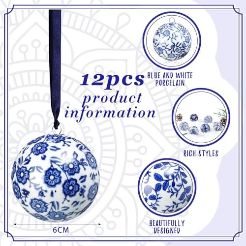 Cindeer 12 Pcs Blue and White Christmas Porcelain Balls, Groovy Style