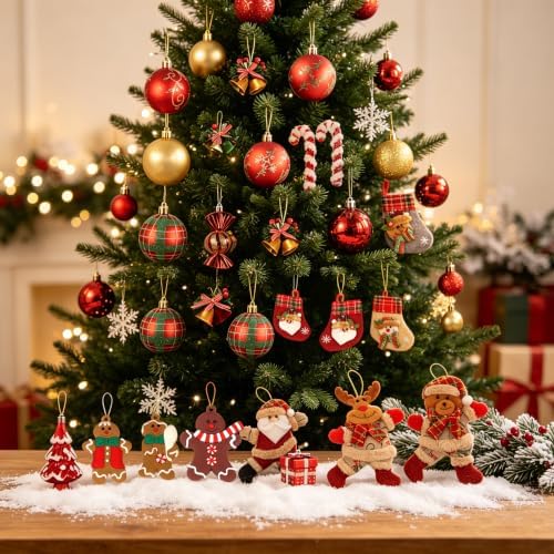 93 Pack Christmas Tree Ornaments Set, Shatterproof Baubles, Gingerbread Men, Santa Claus Reindeer, Stockings, Snowflakes Bells Decor for Xmas Holiday Home Party