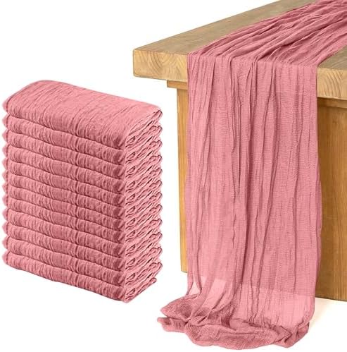 12 Pack Cheesecloth Table Runner, Runner Gauze Boho Wedding Decor Romantic Table Runner for Wedding Birthday Party(35" x 118")(Pink)