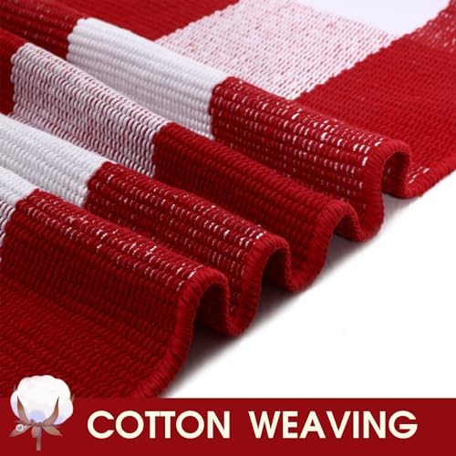 Christmas Red and White Plaid Rug, 4' x 6' Cotton Hand-Woven Layered Door Mat for Front Porch, Entryway, Outdoor Holiday Decor, Washable Buffalo Check Rug for Home, Patio, Kitchen