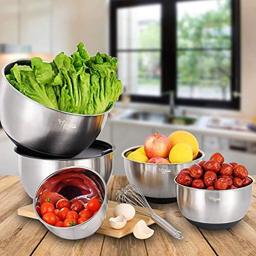Wildone Stainless Steel Mixing Bowls Set with Airtight Lids, 3 Grater Attachment & Non-slip Bottoms and Multicolor 16 Piece Measuring Cups and Spoons Set
