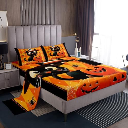 Cute Black Cat Sheet Set Kids Boys Girls Orange Pumpkin Fitted Sheets Set Full Size Square Grid Bedding Sheet Sets Includes 1 Flat Sheet,1 Fitted Sheet,2 Pillowcases