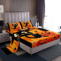 Cute Black Cat Bed Sheet Queen Size Orange Pumpkin Sheets Sets Adults Bedroom Decor Square Grid Microfiber Bedding Set with Flat,Fitted Sheet,2 Pillow Cases