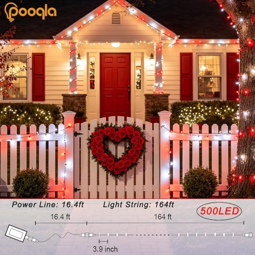 Pooqla 500 LED Red and White Christmas Lights Outdoor String Lights, 164 ft