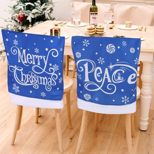 CCINEE 4pcs Christmas Chair Covers for Dining Rooms,Blue Holiday Chair Slipcovers for Kitchen Wedding Xmas Party Table Decor Winter Christmas Chair Back Covers