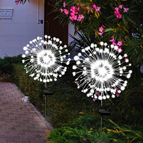 Solar Garden Lights Solar Firework Light Outdoor Waterproof 2 Pack Solar Powered Art Stake Twinkle Lights Outside Decor 180 LED Sparklers String Light for Yard Pathway Christmas Decorations (White)