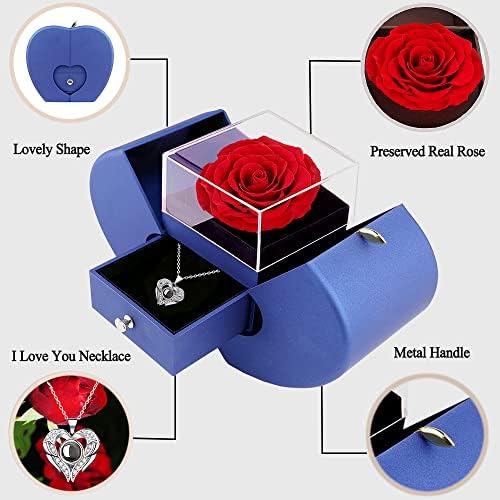 Preserved Real Rose with I Love You Necklace 100 Languages, Gifts for Girlfriend, Women, Mom, Wife, Gifts Idea on Christmas, Valentine's Day, Mother's Day, Birthday, Anniversary, Thanksgiving