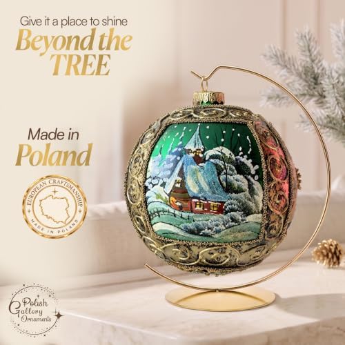 Hand Blown Glass Ball Christmas Ornament, 6 in, Winter Charm Gold