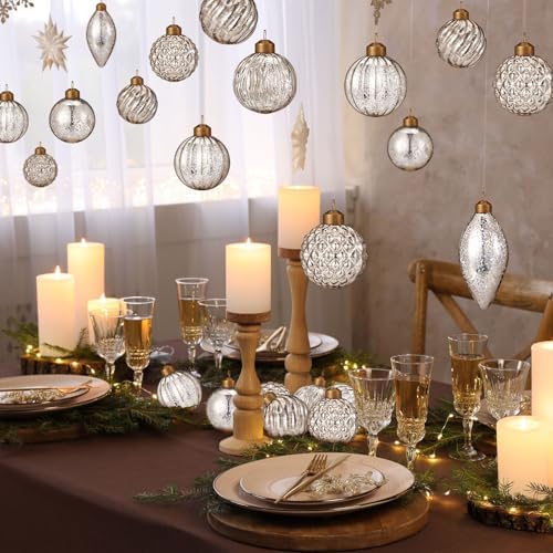 Syhood 18 Pcs Silver Christmas Mercury Glass Balls Ornaments, 6 Styles