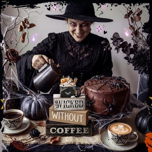Lineshading 4 Pcs Halloween Coffee Table Decor, Gothic Black Wood Sign Home