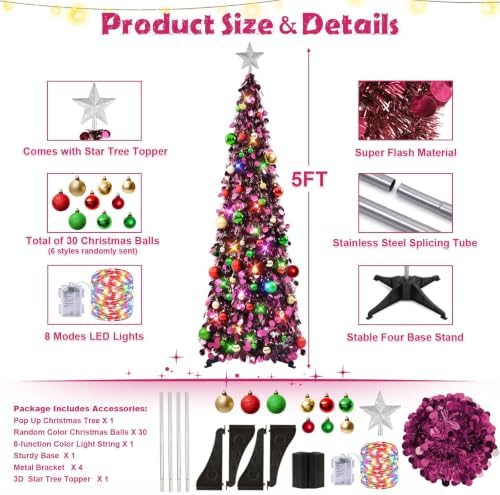 N&T NIETING Pop Up Christmas Tree with Lights & Ornaments, 5FT, Purple