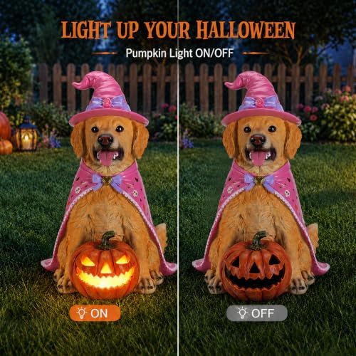 Halloween Large Golden Retriever Statue with Glowing Pumpkin,Porch Decor