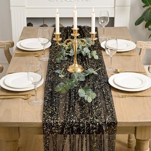 Artoid Mode Black Gold Gauze Table Runner 59x120 Inch 10FT, Glitter Metallic Foil Sheer Dining Wedding Anniversary Holiday Birthday Table Decor for Home Party