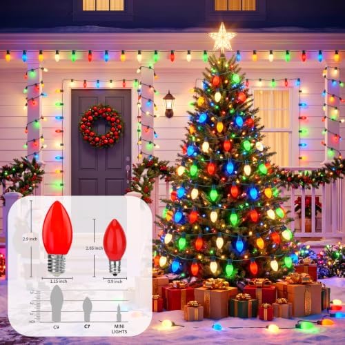 25Ft C9 LED Christmas String Lights Outdoor, Multicolor Christmas Decorations Lights with 25+1 Colored C9 LED Bulbs, Vintage Decor Light for Xmas Tree Home Yard Party Decor, E17 Base, Green Wire