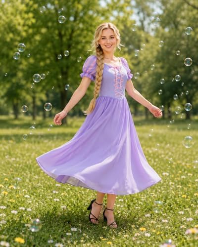 Rapunzel Costume Women Printed Purple Princess Dress Puff Sleeves Twirl Skirt Gown Halloween Cosplay Party Dress