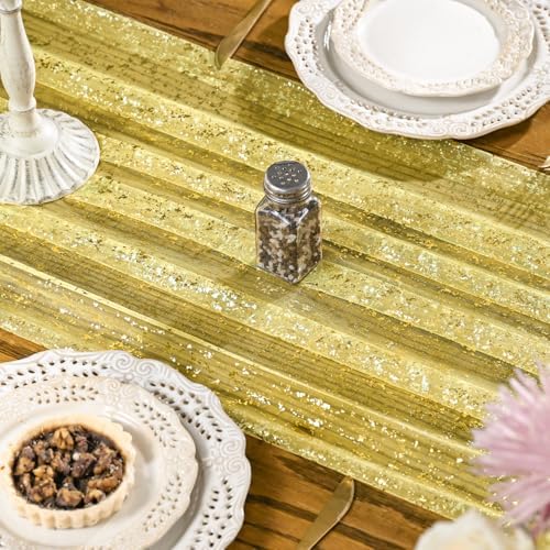 Artoid Mode Light Yellow Gold Gauze Table Runner 120 Inch 10FT, Glitter Metallic Foil Sheer Dining Wedding Anniversary Holiday Birthday Table Decor for Home Party