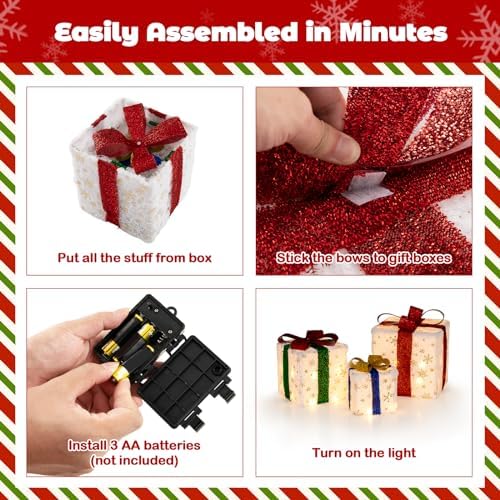 Tangkula Set of 3 Christmas Lighted Gift Boxes, Pre-lit Xmas Box Decoration