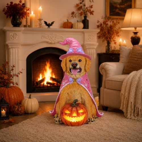 Halloween Large Golden Retriever Statue with Glowing Pumpkin,Porch Decor