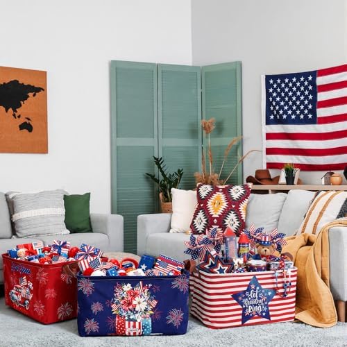 CHENGU 6 Pack 4th of July Storage Baskets Collapsible Patriotic Bins for Gifts 250th Independence Day Red Blue White Large Gnomes Basket Foldable American Flag Box with Handle for Party Bedroom Home