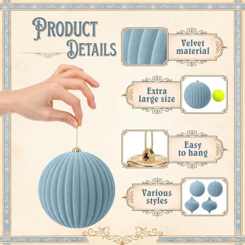 Civaner 4 Pcs Large Velvet Christmas Ball,6 Inch,Dusty Blue