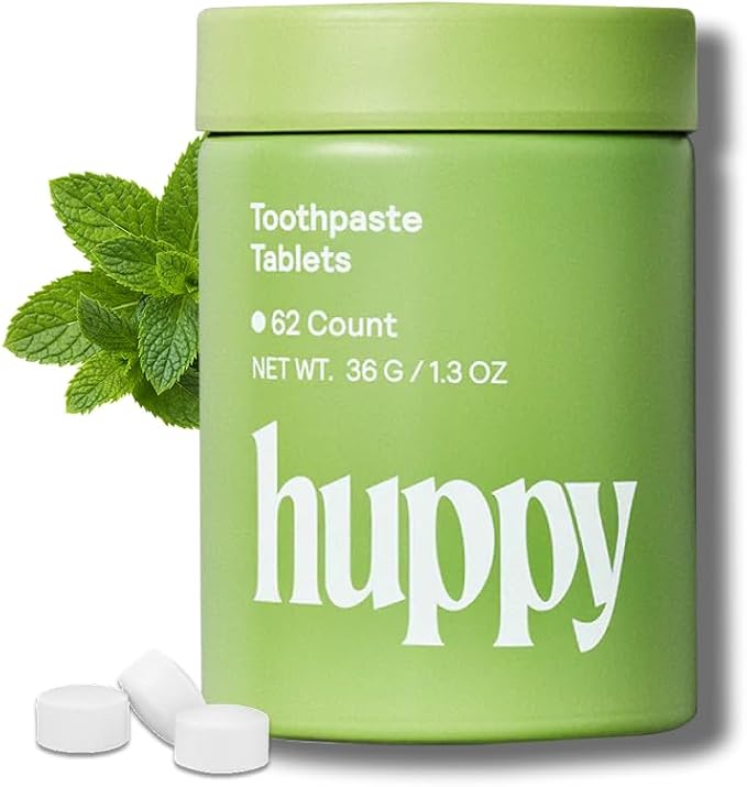 Huppy Toothpaste Tablets, Nano Hydroxyapatite, Fluoride Free and Plastic Free, Natural Whitening, Remineralizing, SLS Free, Travel Friendly Chewable Tabs, Peppermint Flavor, 62 Count (1 Month Supply)