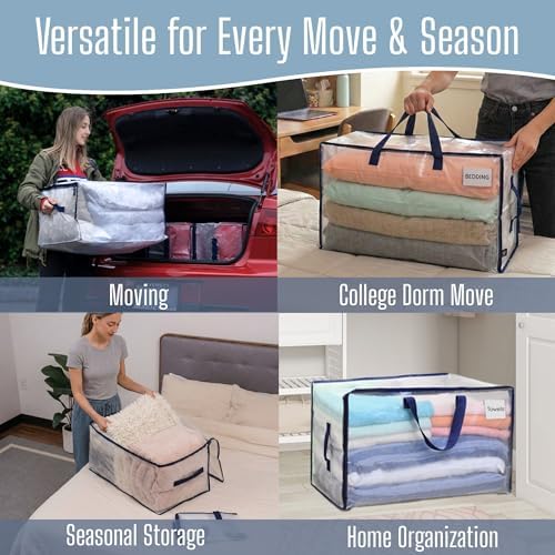 VENO 6 Pack Clear Extra Large Moving Bags & Storage Totes, Heavy Duty Organizer with Reinforced Handles & Strong Zippers for Clothes, College Dorm Essentials, Moving Supplies