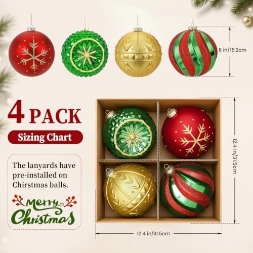 SHareconn 4ct 6 Inch Large Christmas Tree Balls Ornaments, Red &Green Gold