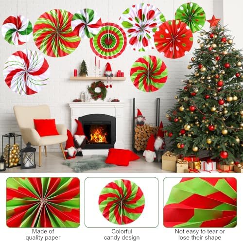 Outus 27 Pcs Christmas Hanging Decorations Candy Paper Fans Decor Red Green