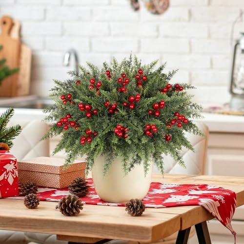 6 Bundles Artificial Christmas Flowers, Norfolk Pine & Red Berry Stems
