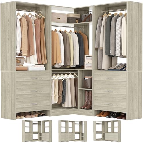 Aheaplus Closet System with 6 Drawers, 4 Hanging Rods & Corner Tower, Corner Closet System with Hanging,80.9" L-Shaped Walk-In Wardrobe Organizer, 2000+ lbs Capacity, Set of 3, White Oak
