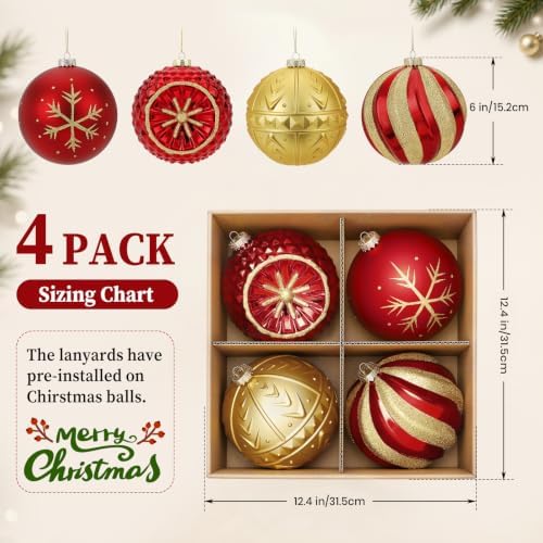 SHareconn 4ct 6 Inch Large Christmas Tree Balls Ornaments, 150mm, Red&Gold