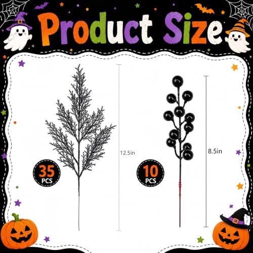 45 Pcs Halloween Black Cypress Leaf Branches, Faux Black Stems Centerpieces