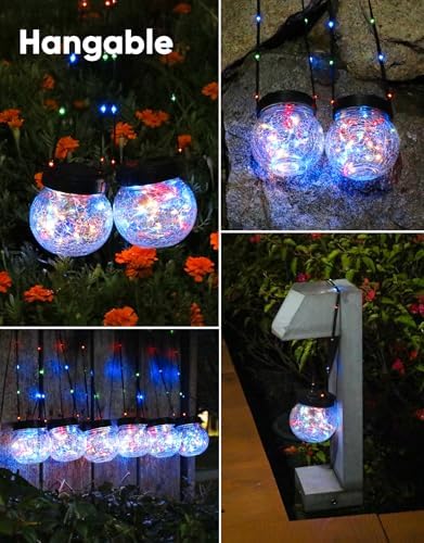 PARTPHONER Solar Lights Outdoor Waterproof 12-Pack, Solar Powered Hanging Lantern Cracked Glass Hanging Globes for Yard Decor Christmas Decoration, Shepherd Hook, Garden Tree Ornaments, RGB