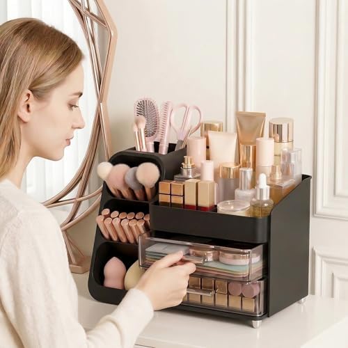 Large Capacity Makeup Organizer Countertop with Makeup Brush Holder for Vanity, Thickened Material, Bathroom Countertop Organizer Skin Care Perfumes Storage, Teen Girl Gifts for 12-23 Year（black）