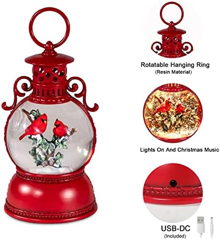 Christmas Snow Globes, Cardinal Christmas Water Globes with 8 Songs, 6H Timer Battery & USB Powered Glitter Snow Globe Music Box Suitable for Christmas Home Decorations Holiday Party Gifts